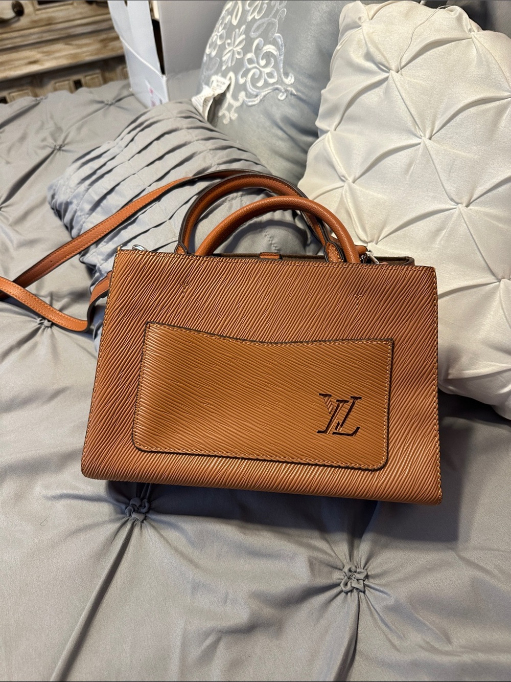 Louis Vuitton Tan Epi Leather Satchel with Front Pocket and LV Initials